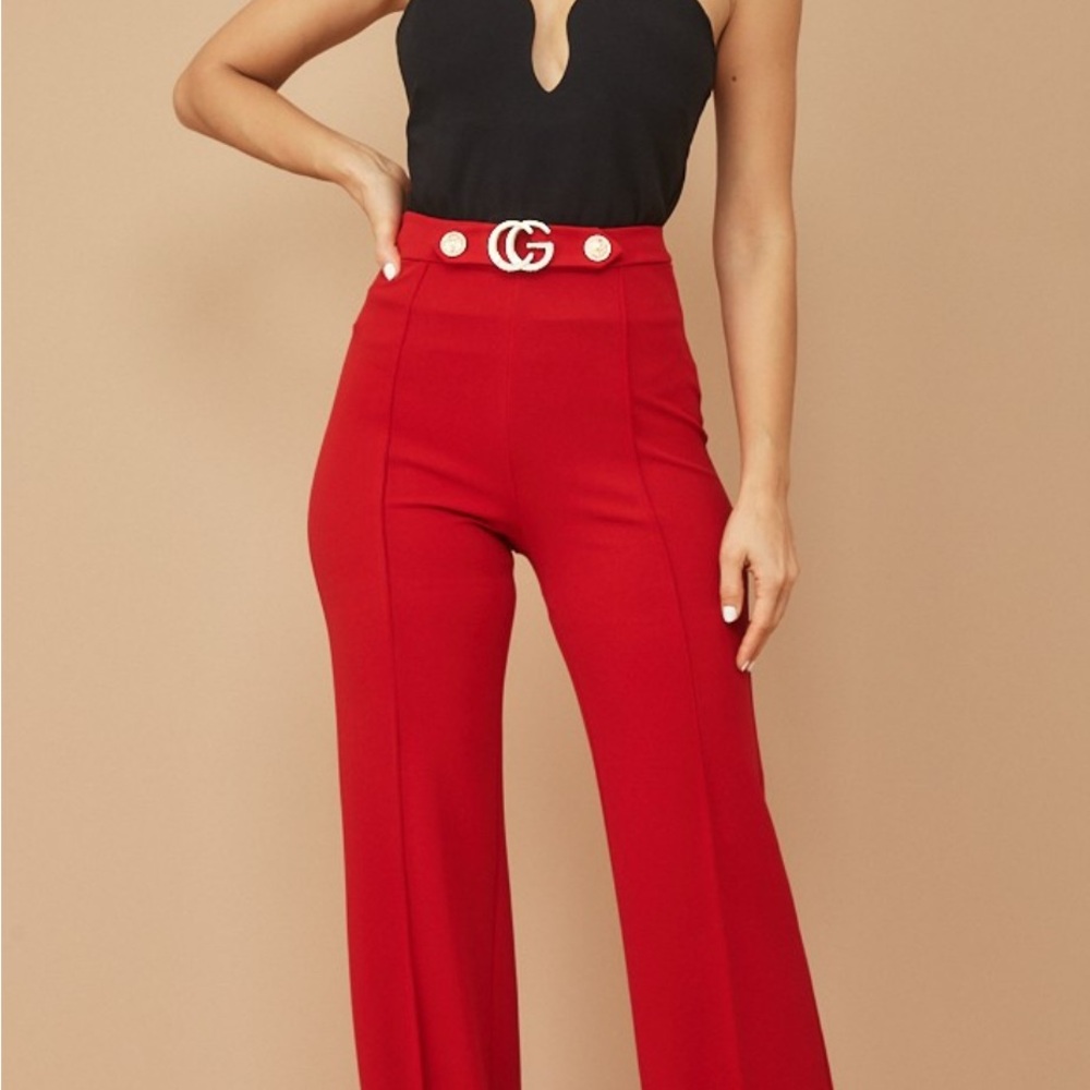 NWT BOUTIQUE_ Cg buckle and button detail women’s pants red, yellow, green